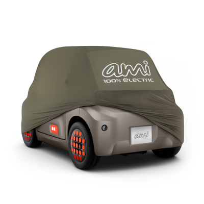 Rear angled view of Ami car under cover showing secure durable protective design for innovative electric storage.