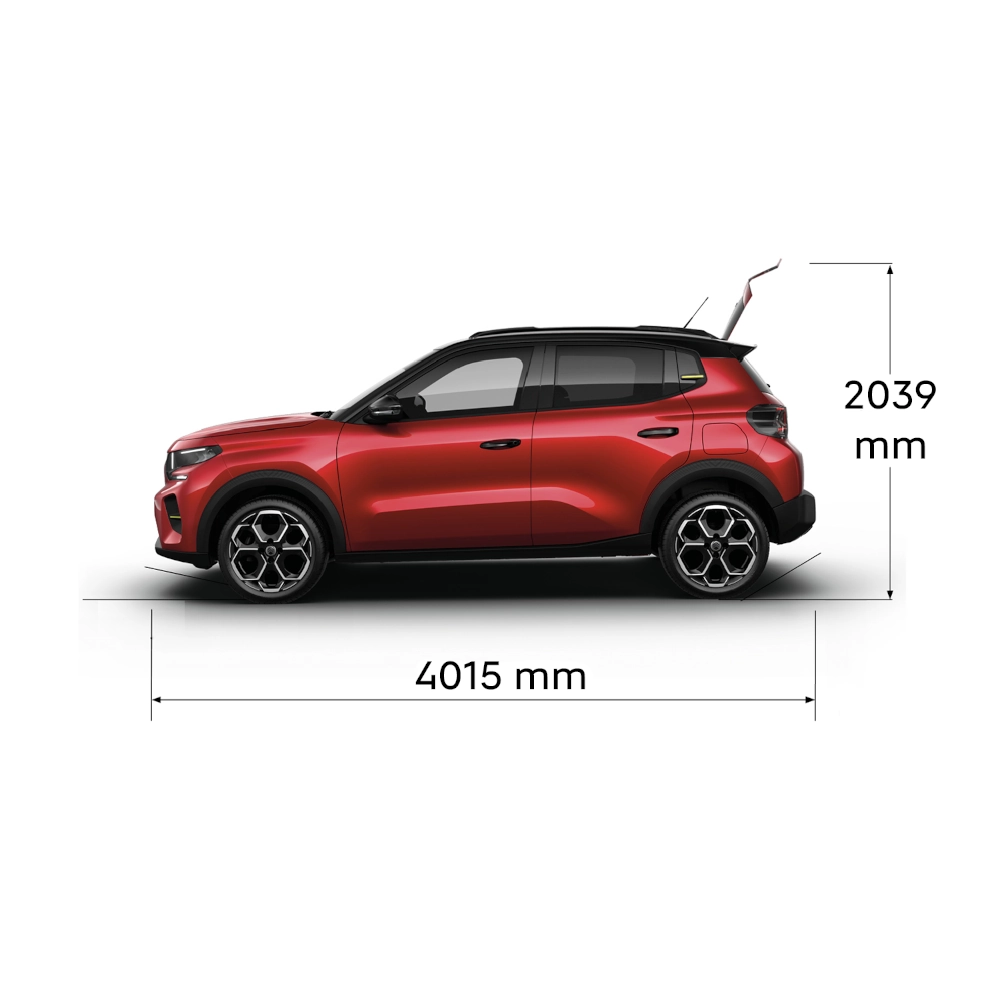 Mehrwinkel-Ansicht des Citroën C3 Kompakt-SUV, die vollständige Außenabmessungen und Kofferraumkapazitäten für praktische, vielseitige und erschwingliche Mobilität zeigt.