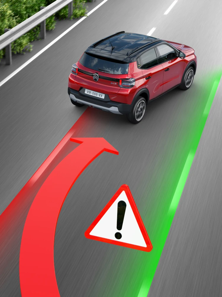 Heckansicht des fahrenden Citroën C3 SUV, die den Spurhalteassistenten für sicherere, selbstbewusste und erschwingliche Alltagsmobilität zeigt.