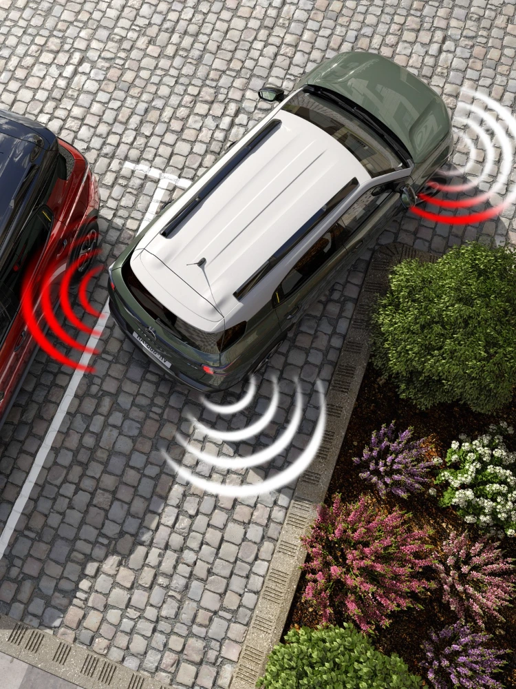 Draufsicht beim Parken des Citroën C3 Aircross SUV veranschaulicht Hinderniserkennung for sicherere, einfachere und erschwingliche everyday Manöver.