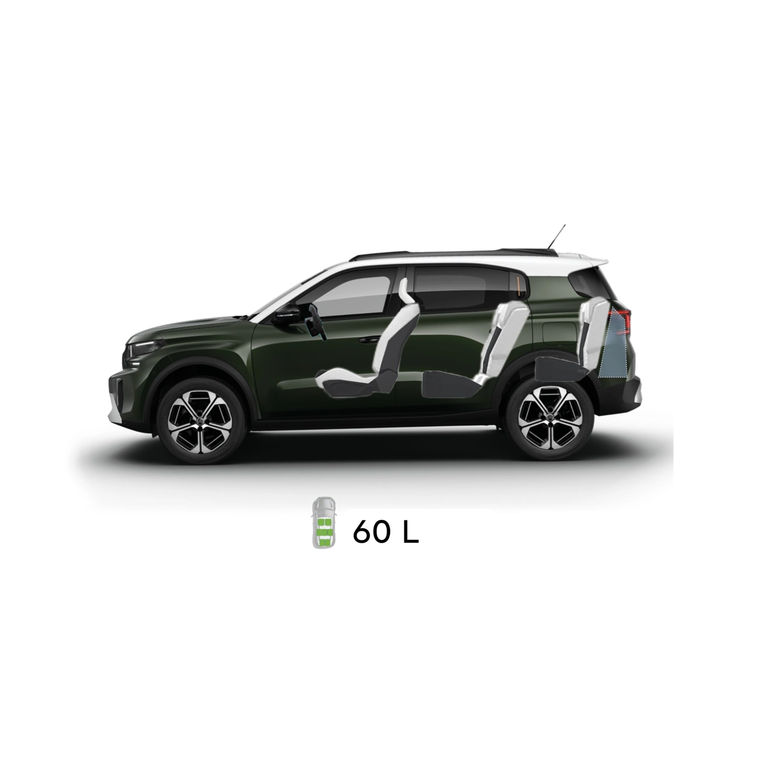 Multi‑angle view of Citroën ë‑C3 Aircross electric SUV showing full exterior dimensions and interior volumes for practical, affordable mobility.