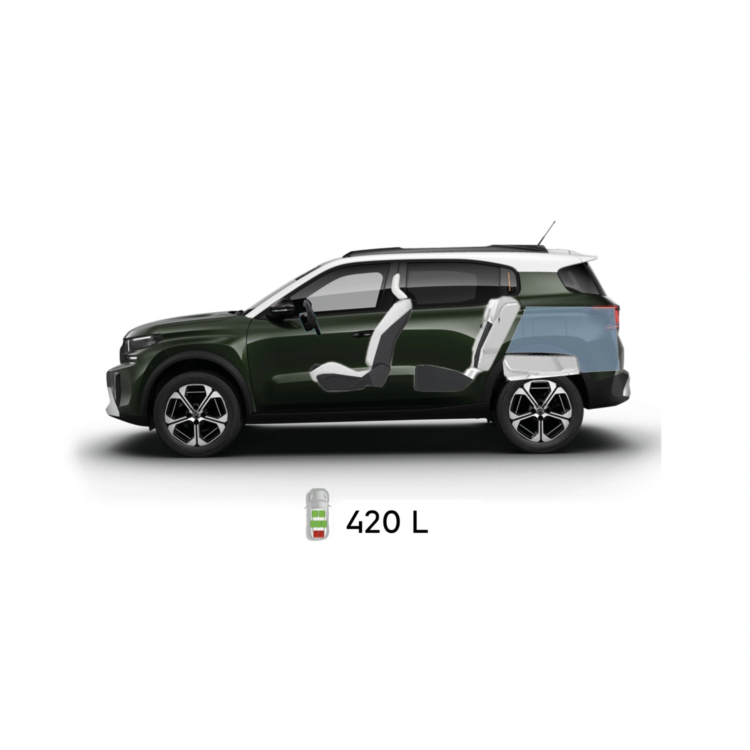 Multi‑angle view of Citroën ë‑C3 Aircross electric SUV showing full exterior dimensions and interior volumes for practical, affordable mobility.