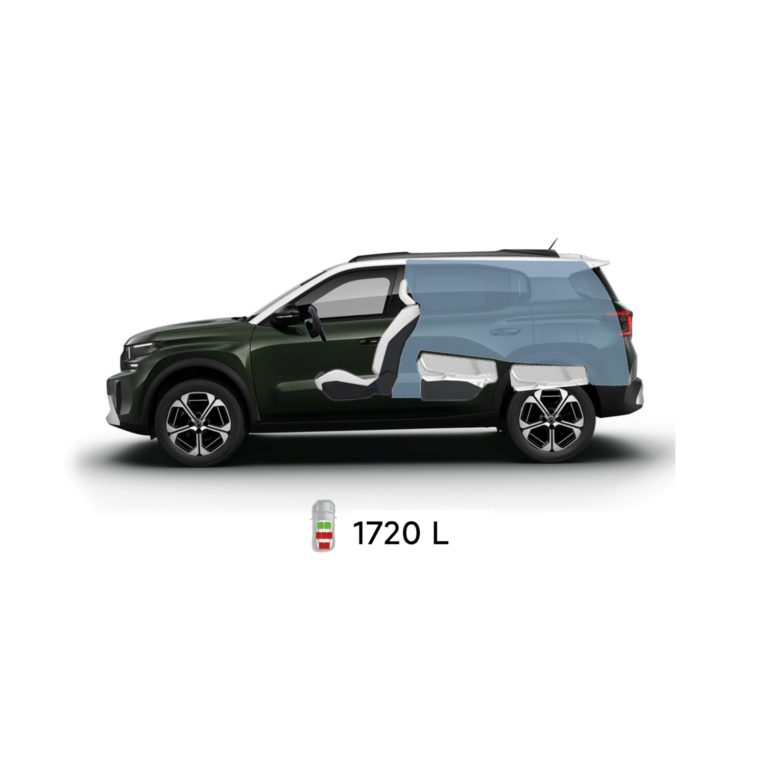 Multi‑angle view of Citroën ë‑C3 Aircross electric SUV showing full exterior dimensions and interior volumes for practical, affordable mobility.