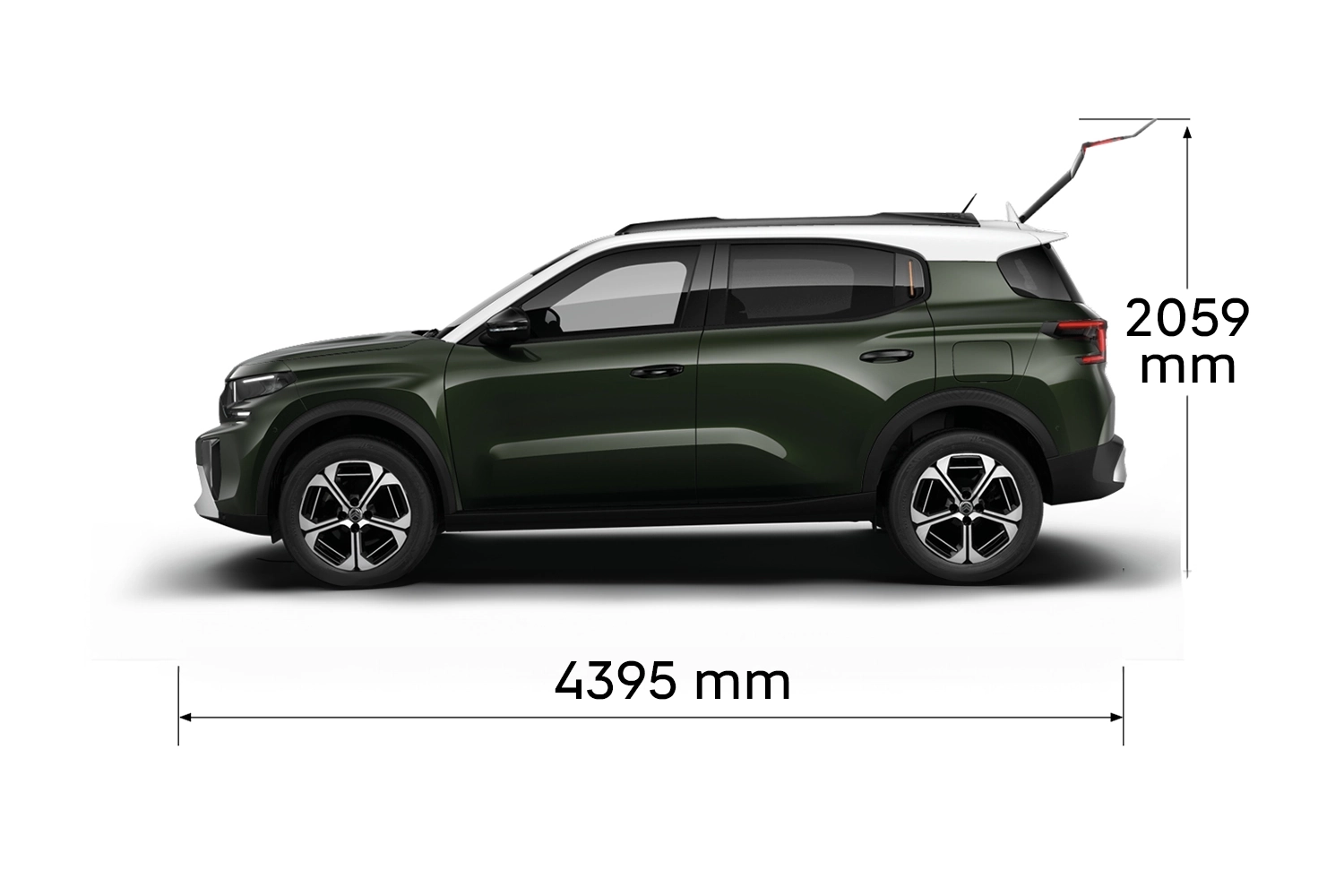Multi‑angle view of Citroën C3 Aircross SUV showing full exterior dimensions and interior volumes for practical, affordable mobility.