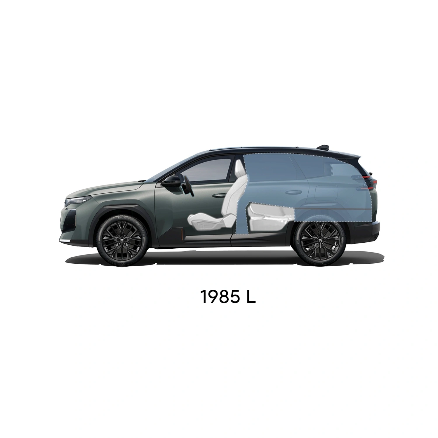 Technical dimensions sheet of ë-C5 Aircross showing front, rear, side and top views with exterior measurements and boot volumes