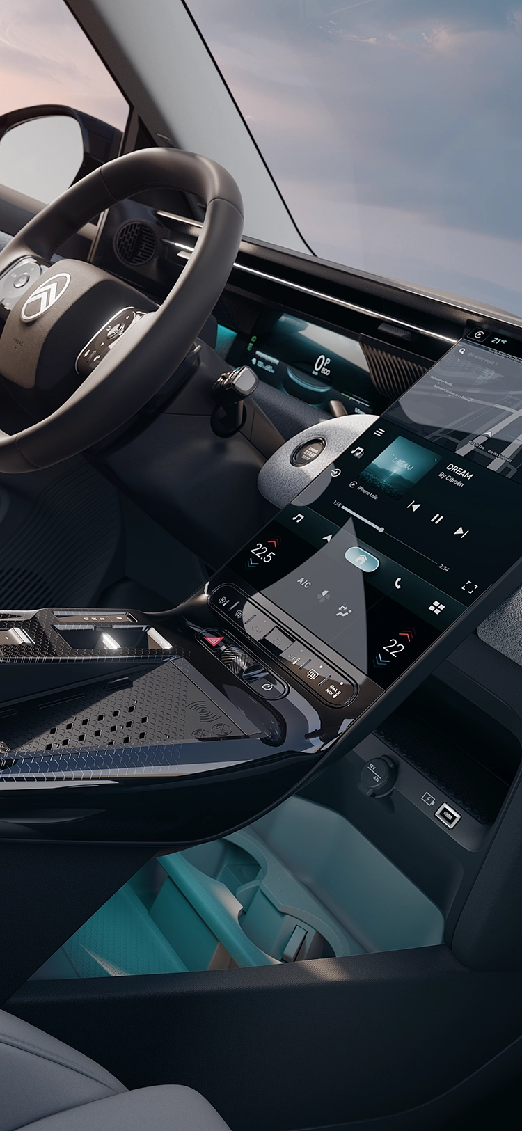 Detailansicht des Cockpits im Citroën ë-C5 Aircross Emeraude; zeigt das Citroën Waterfall-Display mit 3D-Navigation und Konnektivität für komfortables Reisen im vernetzten Familien-SUV