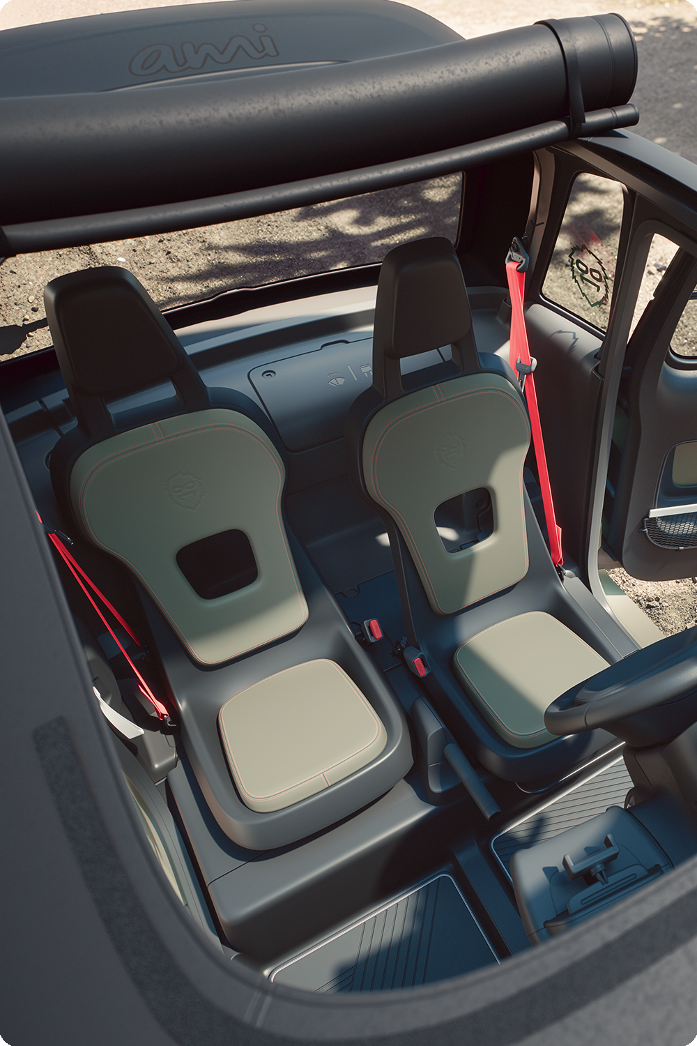 Innenraumansicht des Citroën Ami Outdoor von oben – kompakte, elektrische und erschwingliche Fahrgastzelle mit innovativer Sitzgestaltung für die tägliche Mobilität.