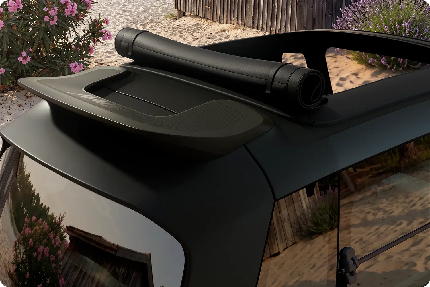 Nahaufnahme des Dachträgers des Citroën Ami Outdoor – kompaktes, elektrisches und erschwingliches Design mit innovativem Stauraum für Outdoor-Abenteuer.