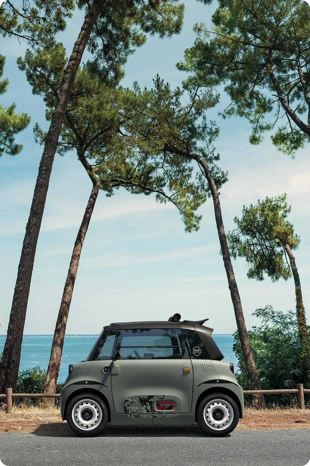 Seitenansicht des Citroën Ami Outdoor, eines kompakten, elektrischen und erschwinglichen Leichtfahrzeugs mit innovativem Design für urbane Mobilität an der Küste.